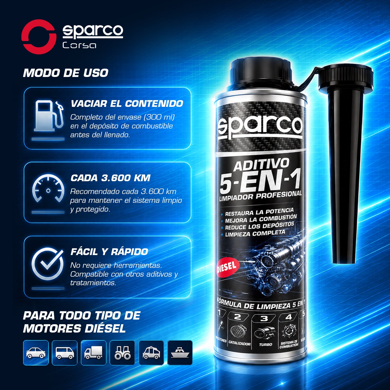 SPARCO Aditivo Limpiador Profesional Diésel 5 en 1 (300 ml)